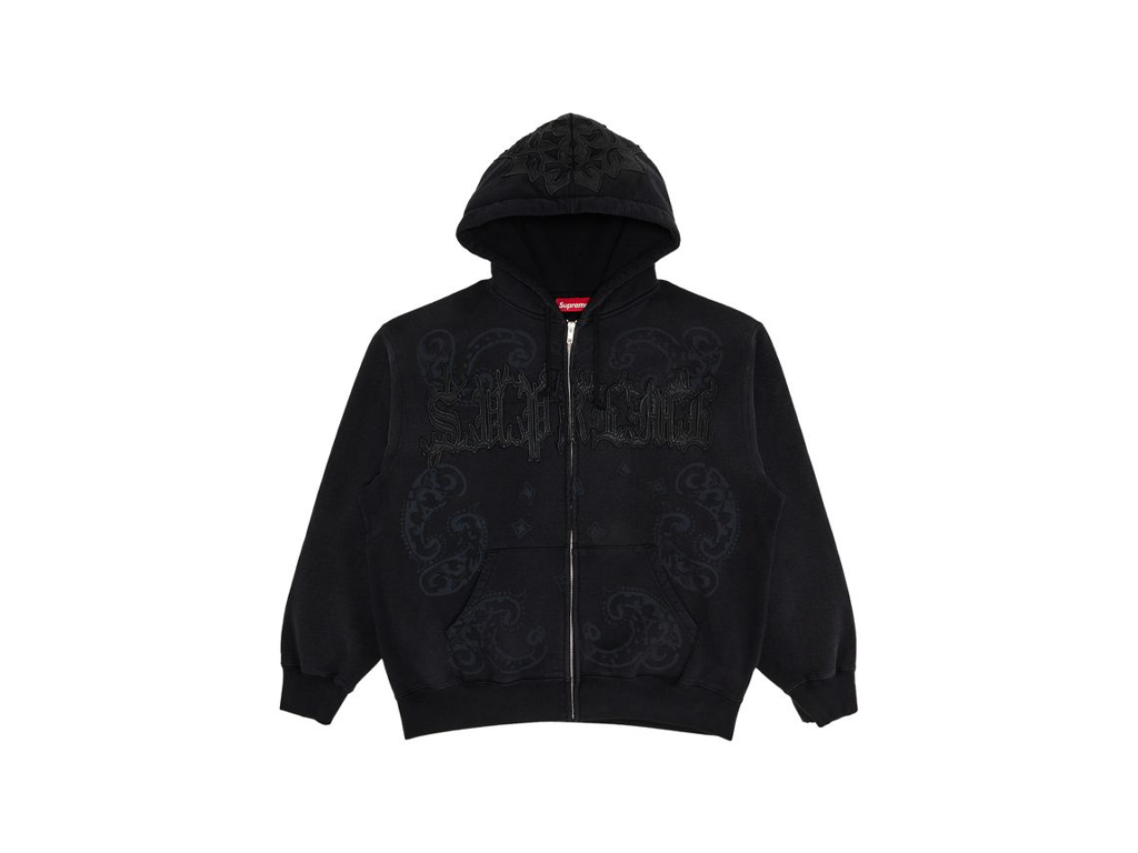 トップス Supreme Leather Applique Zip Up Hoodie Supreme Leather Applique Zip Up Hooded Sweatshirt Black