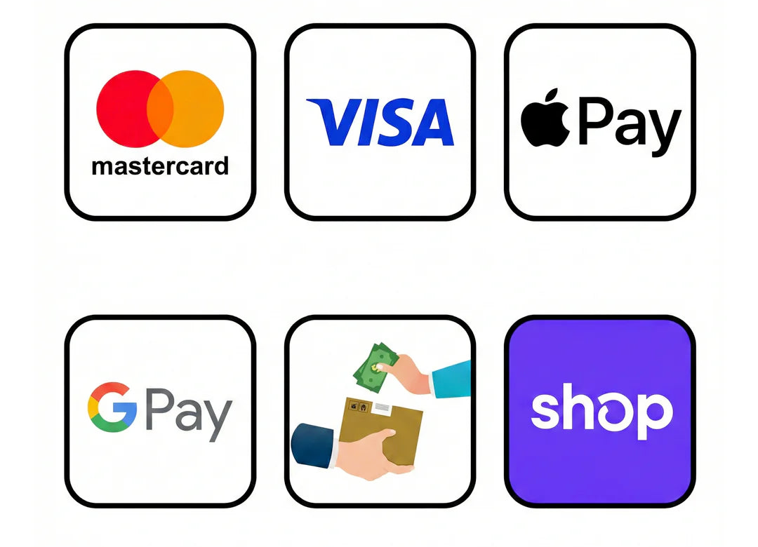 Mastercard, Visa, Apple Pay, Google Pay, pagamento alla consegna, Shop Pay